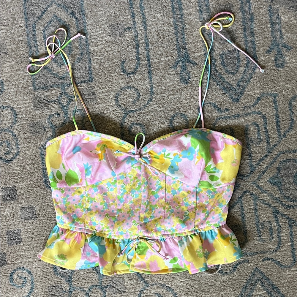 For Love And Lemons Floral Crop Top in Yellow and Pink
